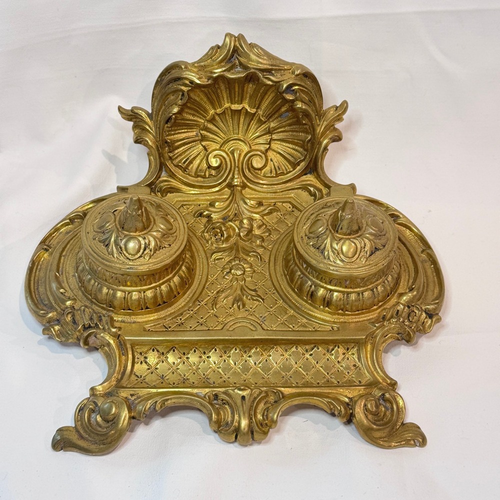 Brass Double Inkwell Antique Rococo Ornate French Art Nouveau Academia Depose